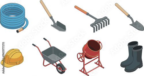 Isometric construction tools set, shovel rake wheelbarrow helmet mixer hose boots, gardening equipment collection, building tools, industrial maintenance illustration concept