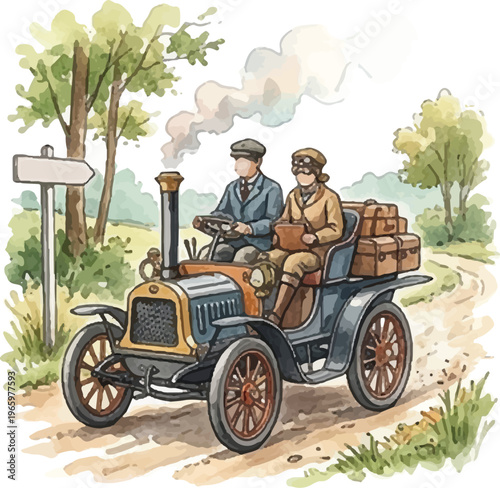 Retro Vintage Steam Powered Car with Driver and Passenger Country Road Illustration