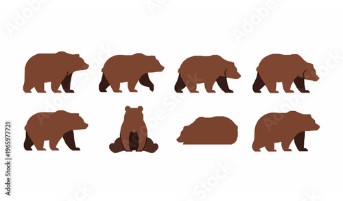 Flat brown bear icons set with standing walking and sitting grizzly silhouettes for wildlife design isolated on white