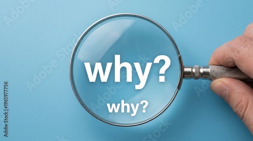 question mark on light blue background Magnifying glass inspects white word A top-down, photorealistic shot of a silver-rimmed magnifying glass focusing on the word 