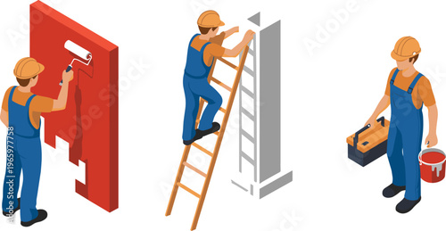 Isometric construction workers painting wall repairing structure with ladder tools home renovation maintenance service builder professional illustration concept