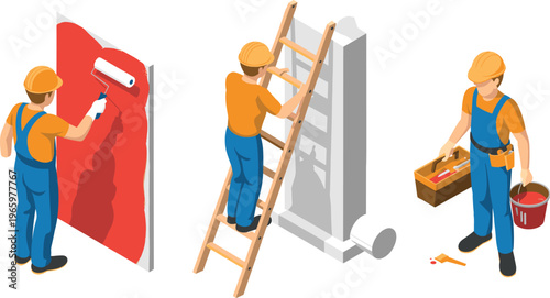 Isometric construction workers painting wall renovation concept with ladder tools house improvement maintenance repair service professional builder illustration