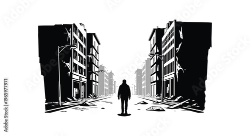 A lone figure stands on a desolate street between tall buildings reflecting urban decay and isolation silhouette high quality professional detailed