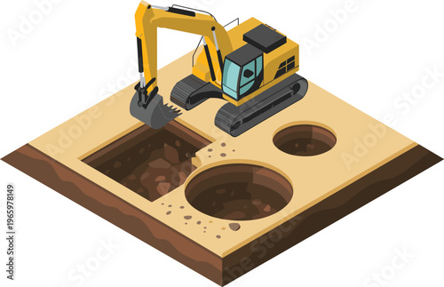 Isometric excavator digging foundation holes, construction site earthworks, ground excavation process, heavy machinery, civil engineering, building preparation illustration concept