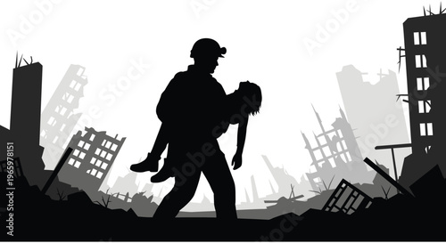 A rescuer carries a person through a devastated cityscape highlighting themes of survival and hope silhouette high quality professional detailed modern