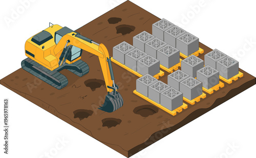 Isometric excavator digging foundation holes and concrete blocks construction site building process groundwork engineering machinery 3D illustration modern design