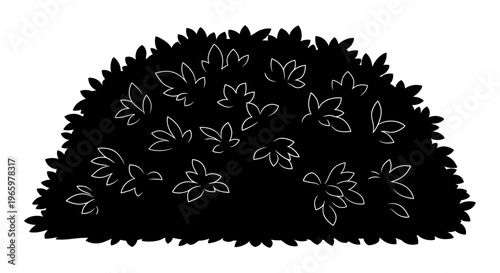 Dense Leafy Shrub Silhouette Isolated On White.