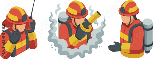 isometric firefighter emergency response set with radio communication, smoke rescue operation and safety gear, fire department action concept illustration