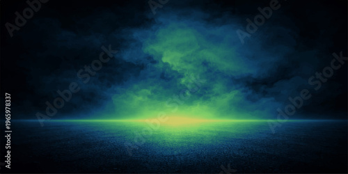 Abstract a mesmerizing display of a vibrant, ethereal light illuminates the scene, painting the air with captivating blue-green hues and emanating a palpable sense of wonder, mystery. 