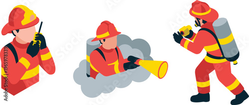 isometric firefighter rescue actions with radio communication, smoke search operation and emergency response equipment, fire safety and rescue concept illustration