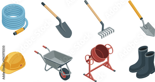 Isometric gardening and construction tools set, shovel rake hose wheelbarrow helmet mixer boots, equipment collection, maintenance tools, industrial illustration concept