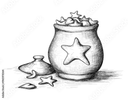 Cookies in the pot. Vector engraved illustration.