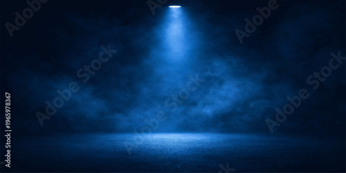 Abstract a luminous spotlight illuminating a mysterious stage shrouded in ethereal mist, bathed in deep, cool blue light. The atmospheric ambiance evokes a sense of anticipation and drama.