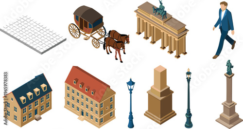 Isometric German landmark set with Brandenburg Gate horse carriage buildings street lamps statue column businessman and urban architecture elements illustration