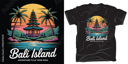 Bali Island adventure t-shirt design with traditional pagoda and palm landscape.
