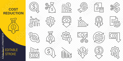 Cost Reduction Icon Set. Money Saving and Budget Cut Symbols. Dollar Sign with Downward Arrow, Financial Loss Chart, and Expense Optimization Icons. Modern Blue Vector Assets for Business and Finance