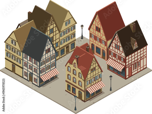 Isometric German old town square with traditional half timbered houses colorful facades cobblestone street medieval European architecture illustration scene