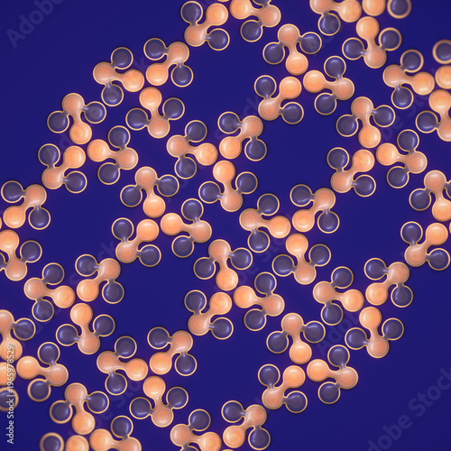 A premium 3D background with a diagonal grid of abstract molecules. It has translucent amber-orange and dark blue elements with a depth of field effect on a deep purple background