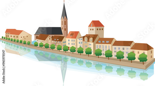 Isometric German town along river with church tower, colorful houses, tree-lined promenade and soft reflections in calm water background