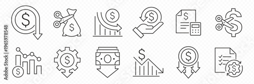 Cost Reduction and Business Efficiency Icon Set. Money Saving Symbols with Dollar Sign, Down Arrow, Decreasing Bar Chart, and Cog Gear. Two-Tone Blue Vector Assets for Financial Planning & Budget Cuts