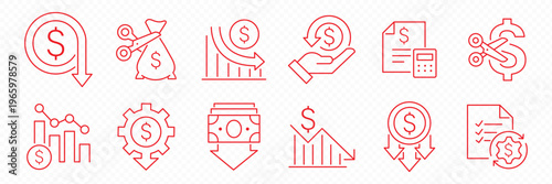 Cost Reduction and Business Efficiency Icon Set. Money Saving Symbols with Dollar Sign, Down Arrow, Decreasing Bar Chart, and Cog Gear. Two-Tone Blue Vector Assets for Financial Planning & Budget Cuts