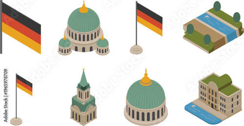 Isometric Germany landmarks set, German flag, cathedral architecture, river landscape, historic buildings, travel tourism concept, European culture, architectural illustration collection