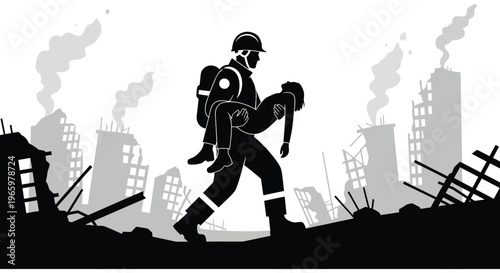 A firefighter bravely carries an unconscious person from a disaster zone amidst rubble and smoke a striking silhouette high quality professional
