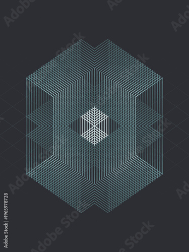 An abstract background with an isometric cube made of thin lines. A high-tech, futuristic design with an optical illusion and glowing center on a dark grid. Blockchain concept. 3d rendering