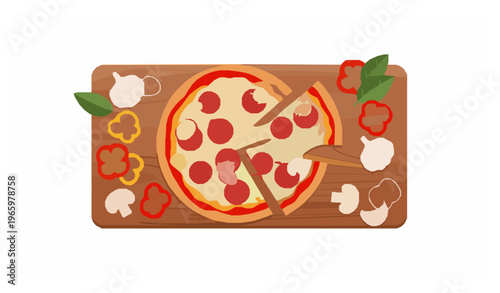 Pepperoni mushroom pizza slice pull apart with fresh vegetables modern minimal food vector