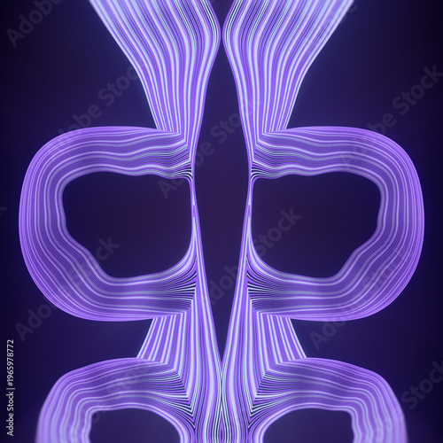 A futuristic abstraction with neon purple lines. It features a symmetrical pattern of flowing waves on a dark background that is reminiscent of sound vibrations