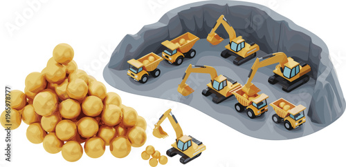 Isometric gold mining operation with excavators and dump trucks, mineral extraction process, heavy machinery, industrial mining concept, resource production illustration