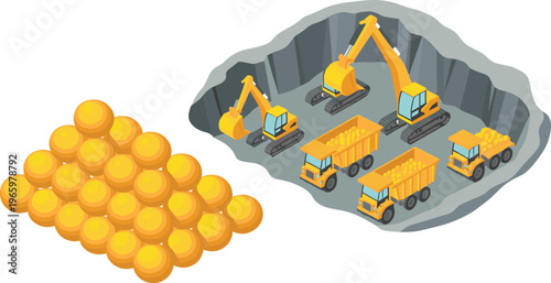 Isometric gold mining scene with excavators and dump trucks, open pit extraction, mineral resources production, heavy machinery industrial illustration concept