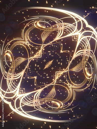 A complex fractal pattern of glowing golden lines and particles. A hypnotic, kaleidoscopic mandala on a dark background. Perfect for meditation and psychedelic art