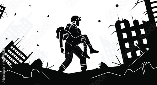 A rescuer carries an injured person through a destroyed cityscape depicted in stark black and white silhouette high quality professional detailed