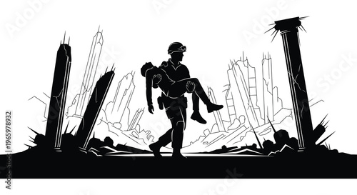 A rescuer carries an injured person through a ruined cityscape showcasing a dramatic black silhouette high quality professional detailed modern elegant