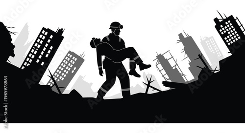 A firefighter carries an injured person through a devastated cityscape depicted in a striking black silhouette high quality professional detailed modern