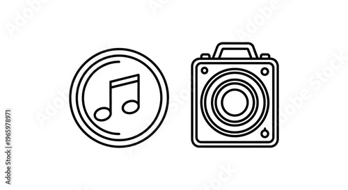 Vector icon set: musical note in a circle and a speaker or audio box, representing sound, music, and audio technology in a simple graphic style