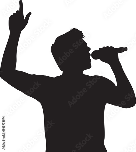 Silhouetted vocalist raising hands with microphone