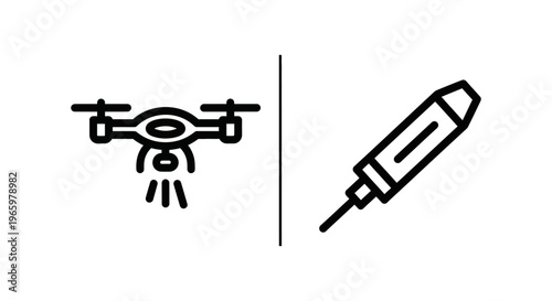 Drone flying and rocket launch icons, representing aerial technology, delivery, space exploration, and business startup growth, flight path