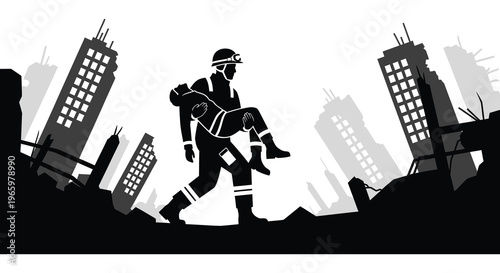 A rescuer carries an injured person through a devastated cityscape highlighting themes of heroism and disaster silhouette high quality professional detailed