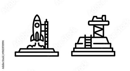 Space rocket launch pad icon set, vector illustration of shuttle blast off and launch tower, clean outline symbols for aerospace and exploration graphic resources