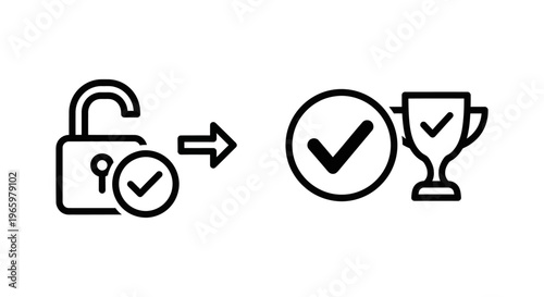 Access granted and access success icon set featuring open padlock arrow checkmark and trophy symbols for security authorization and achievement confirmation user interface graphics and software menu
