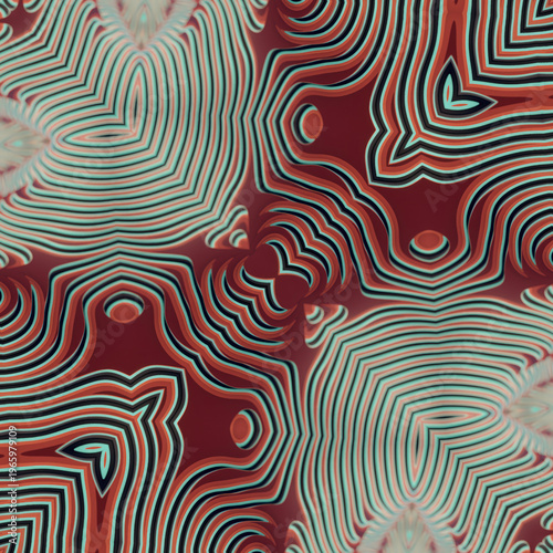 Abstract, symmetrical, kaleidoscope-style pattern. Retro colors: burgundy, turquoise, and black. It has a hypnotic 3D texture with a volume effect that is ideal for creative designs and textiles