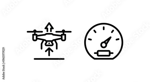 Aerial drone altitude measurement icon with meter gauge displaying flight height control and uav performance, minimal line art vector graphic