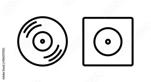 Classic vinyl record and square music media icon representing audio entertainment, analog sound, and retro disc playback, line art vector graphic