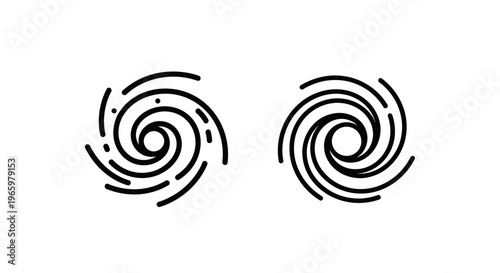 Minimalist spiral galaxy icons depicting cosmic vortex movement and astronomical rotation patterns in a clean black and white line art style for science and space exploration themes imagery art
