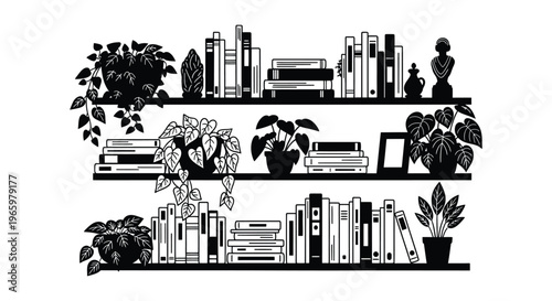 A stylish monochromatic bookshelf arrangement featuring books plants and a bust presented as a silhouette high quality professional detailed modern elegant