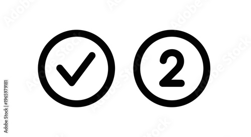 Interface icons showing a success checkmark and the number two within circles for multi-step verification processes or list rankings in a bold black line art style on white background graphics