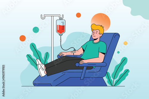A man sitting in a blue chair receiving an iv drip