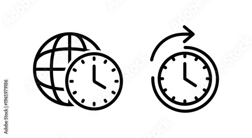 Global timezone settings and clock adjust icons featuring a world globe and circular arrows for international time management and synchronization concepts in line art graphic style elements art